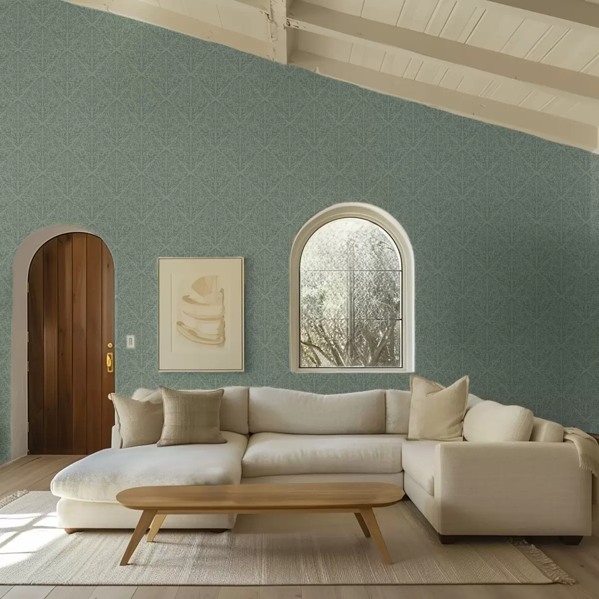 Papel pintado Damasco botánico fino en verde apagado a00815v1