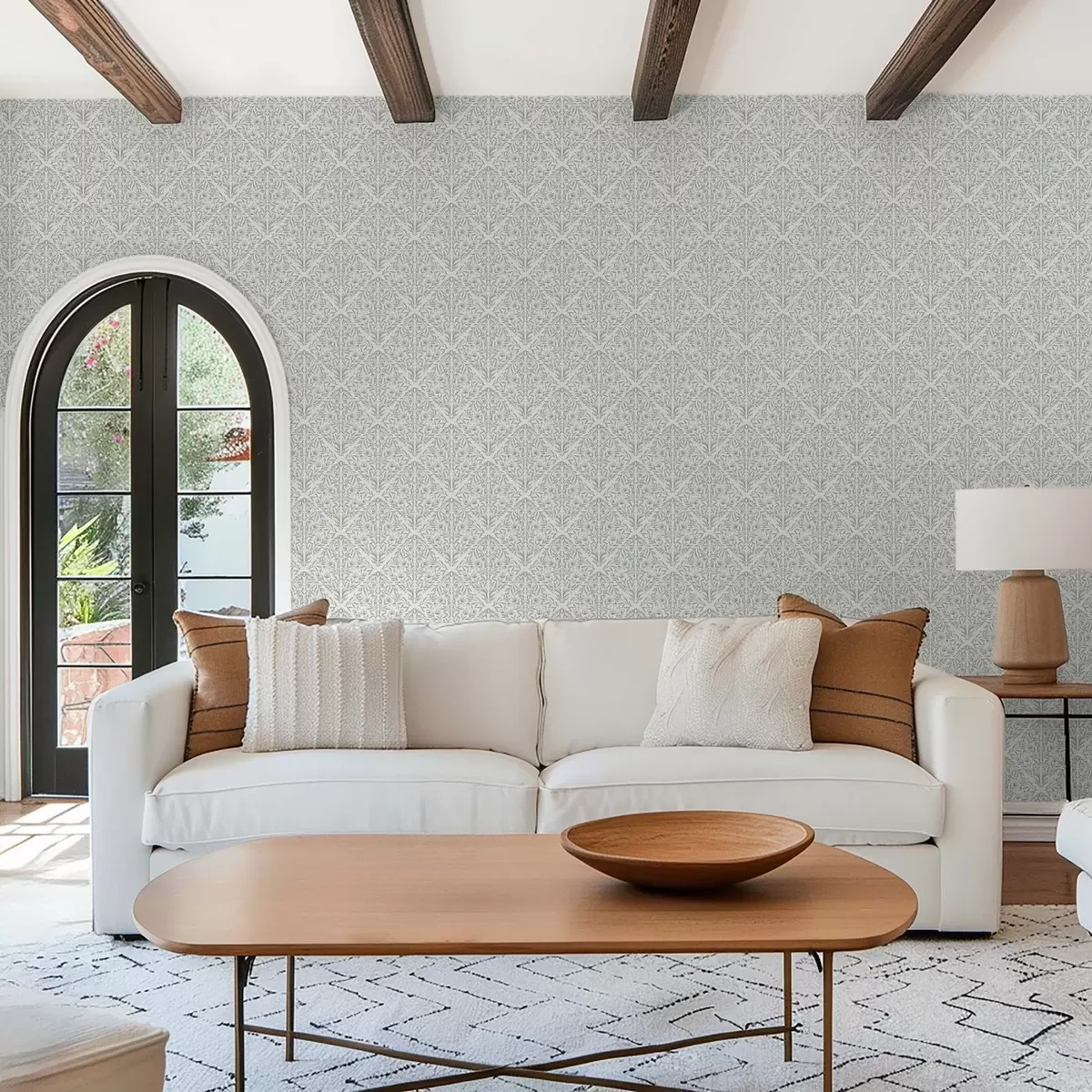 Papel pintado Lacy dispara sobre fondo blanco crema con contorno turquesa a00815v4