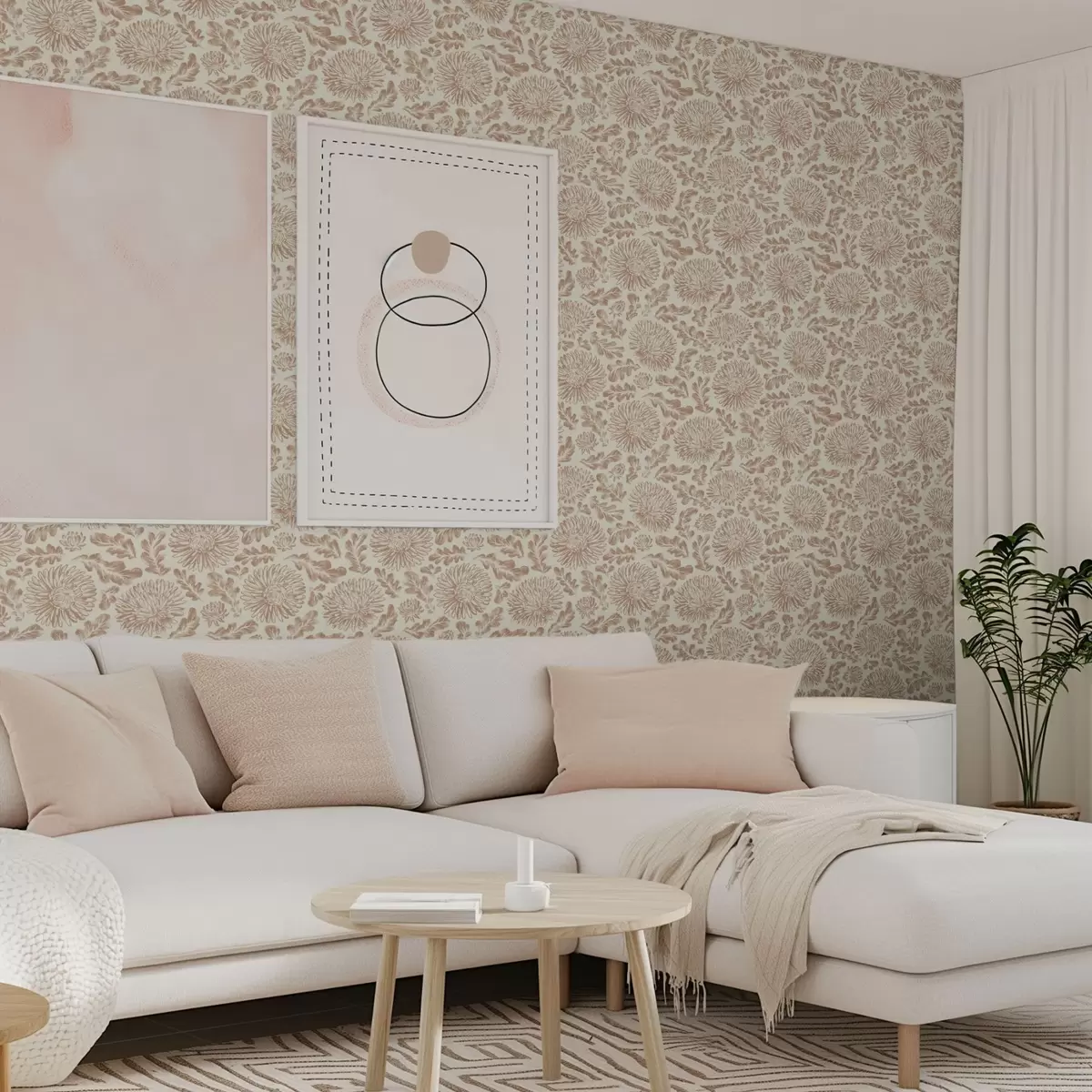 Papel pintado Crisantemos y hojas de roble en suave marrón beige. a00840