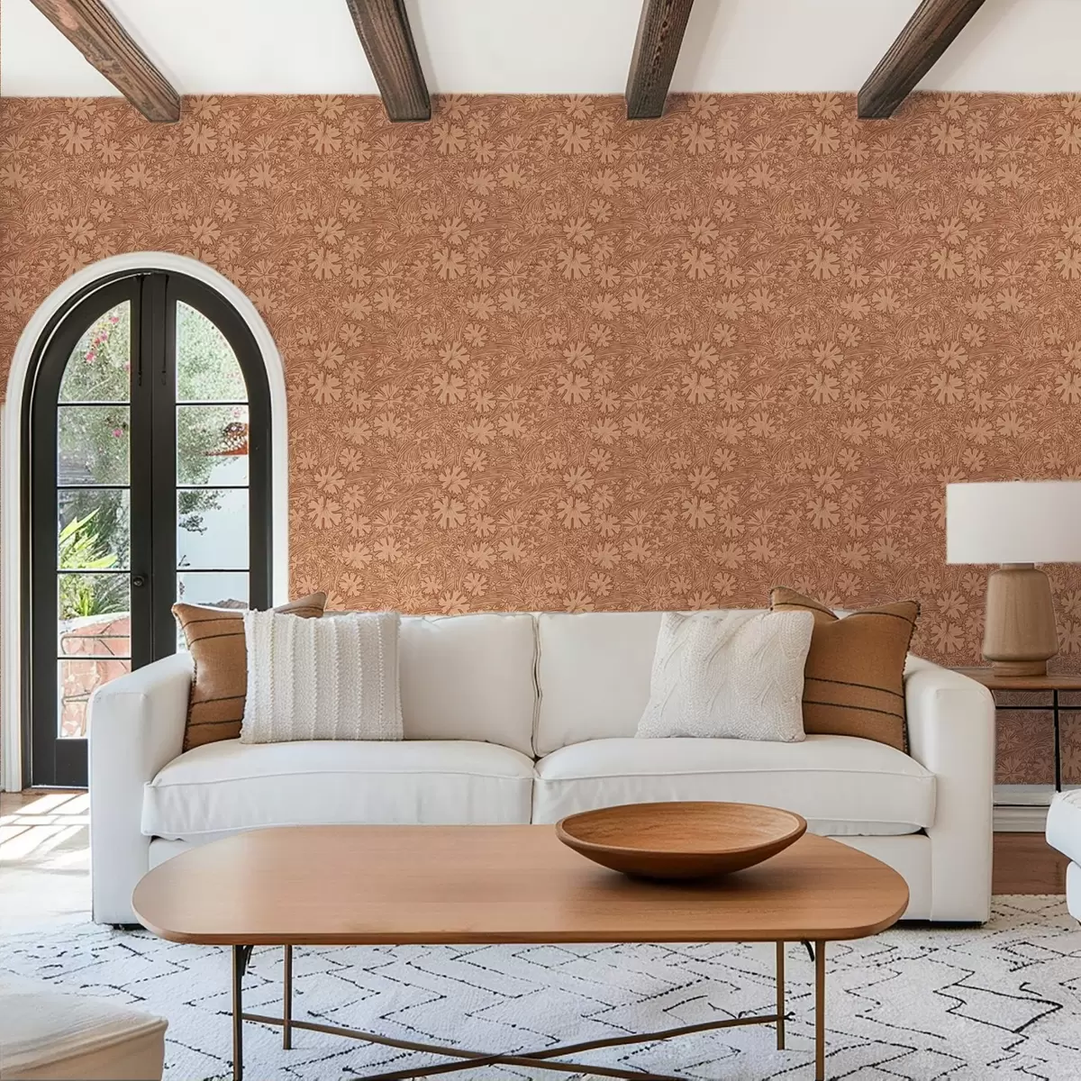 Papel pintado Hojas y hierbas del campo en una paleta de colores terracota y beige. a00847