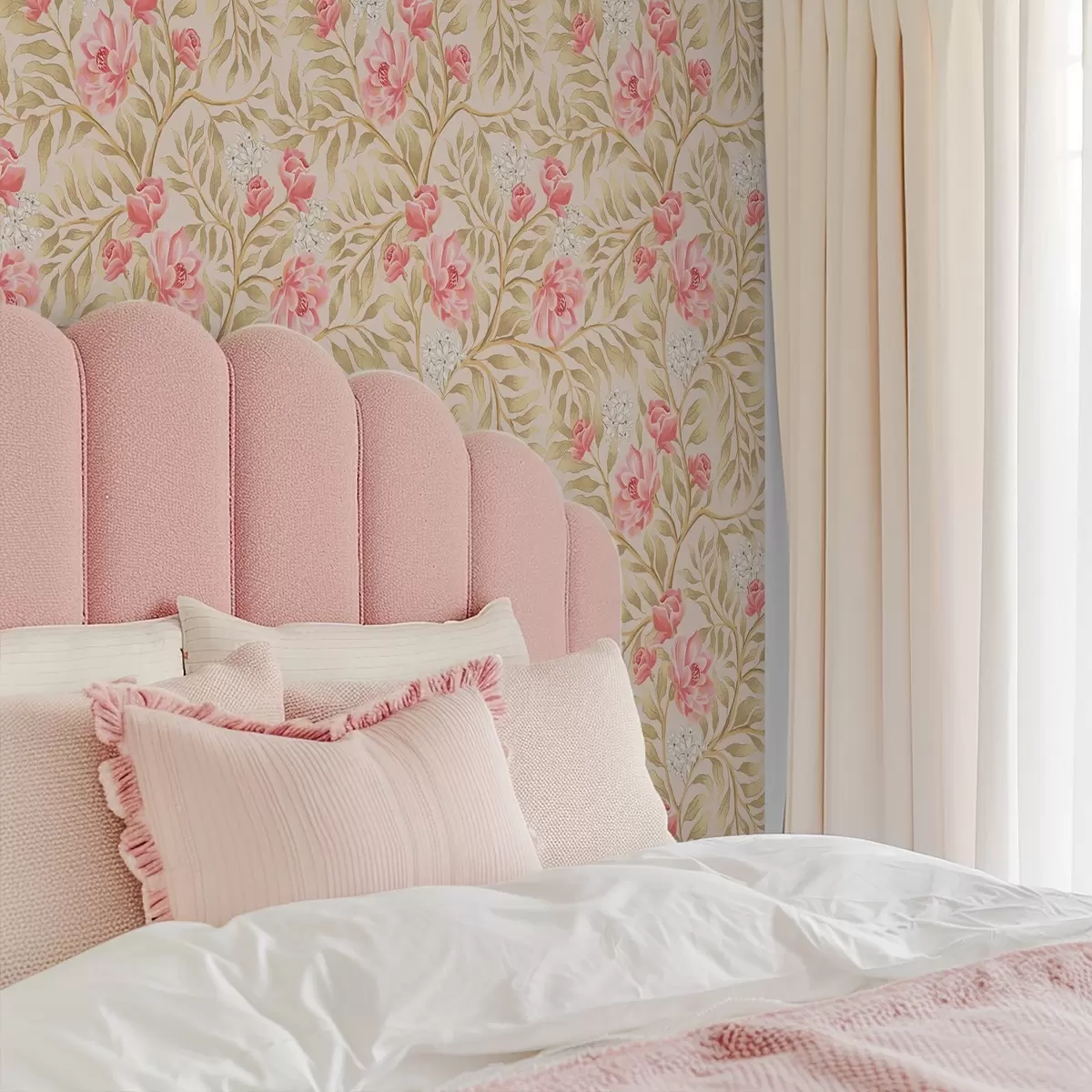 Papel pintado Flores rosas, flores blancas y follaje en tonos ocres a00855