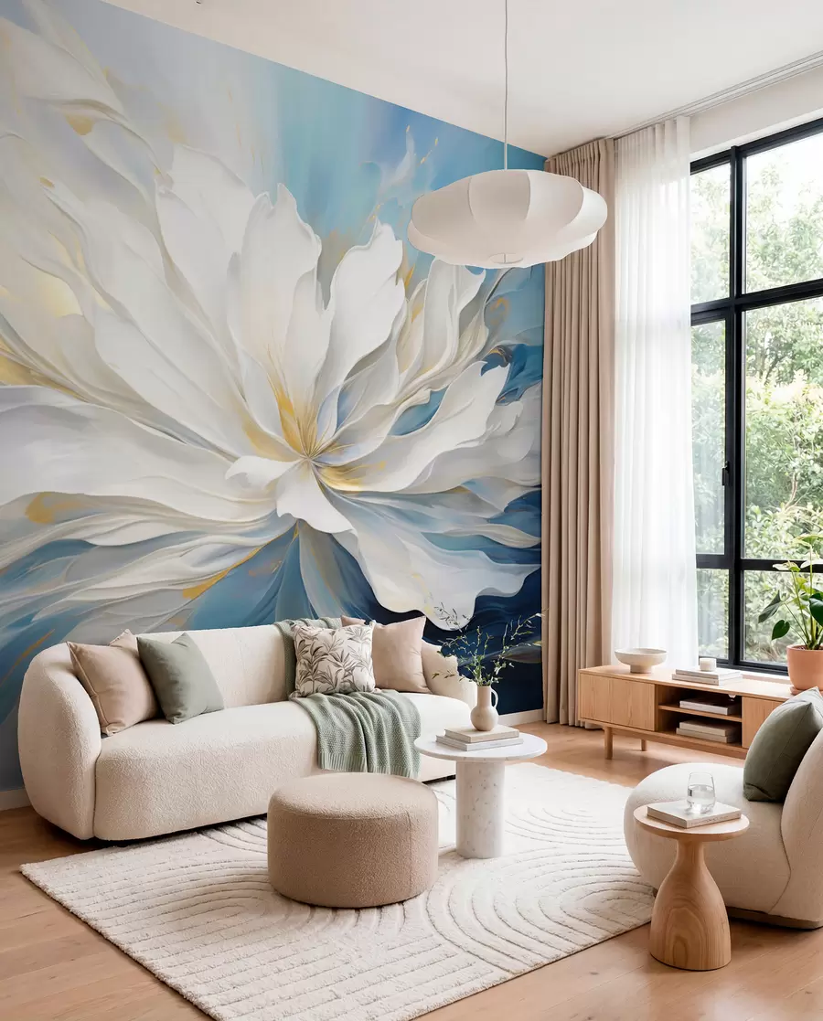 murales de pared Peonía blanca en azul océano w09511