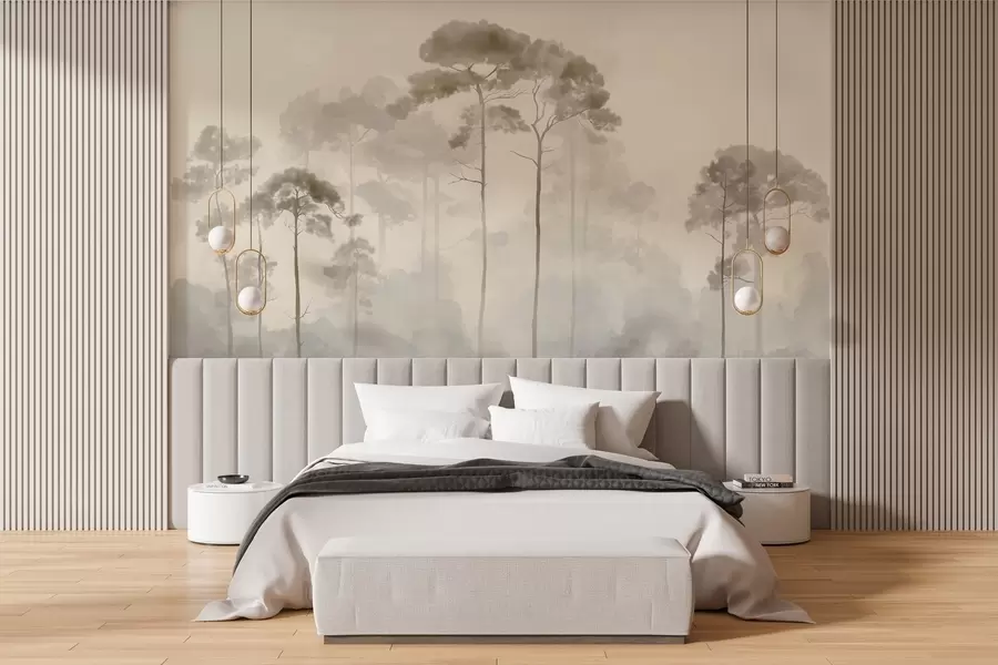 murales de pared siluetas ligeras de pinos en estilo acuarela w04634