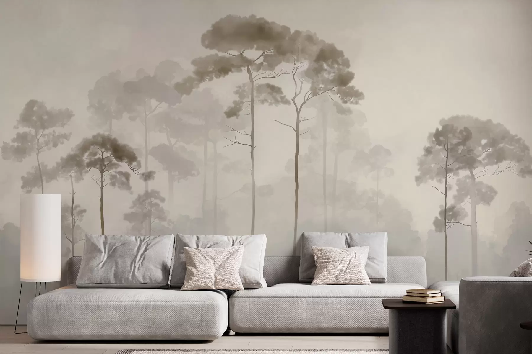 murales de pared siluetas ligeras de pinos en estilo acuarela w04634