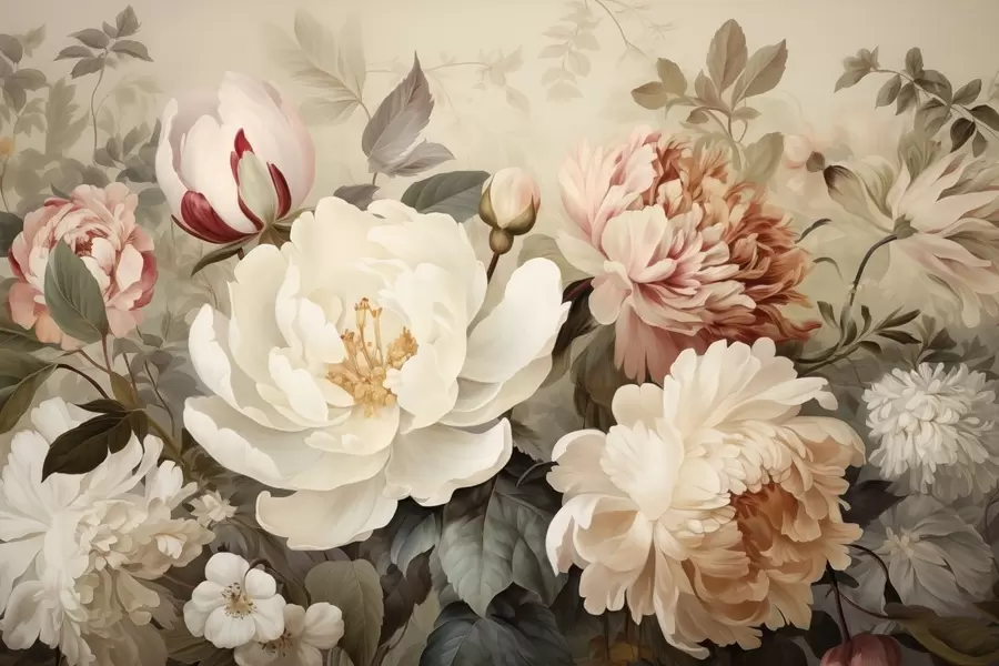 murales de pared Delicadas peonías y crisantemos en tonos pastel. w09350