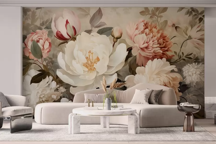 murales de pared Delicadas peonías y crisantemos en tonos pastel w09350