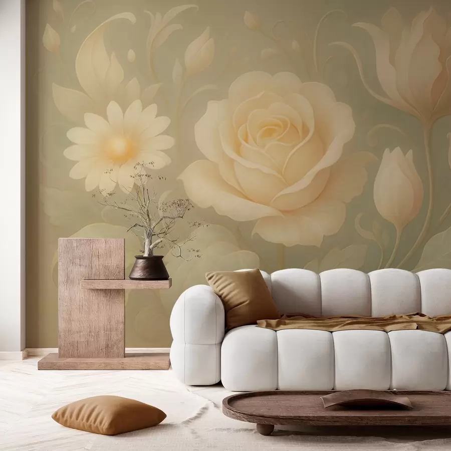 murales de pared Delicada composición vintage con rosas beige sobre fondo verde claro. w09499
