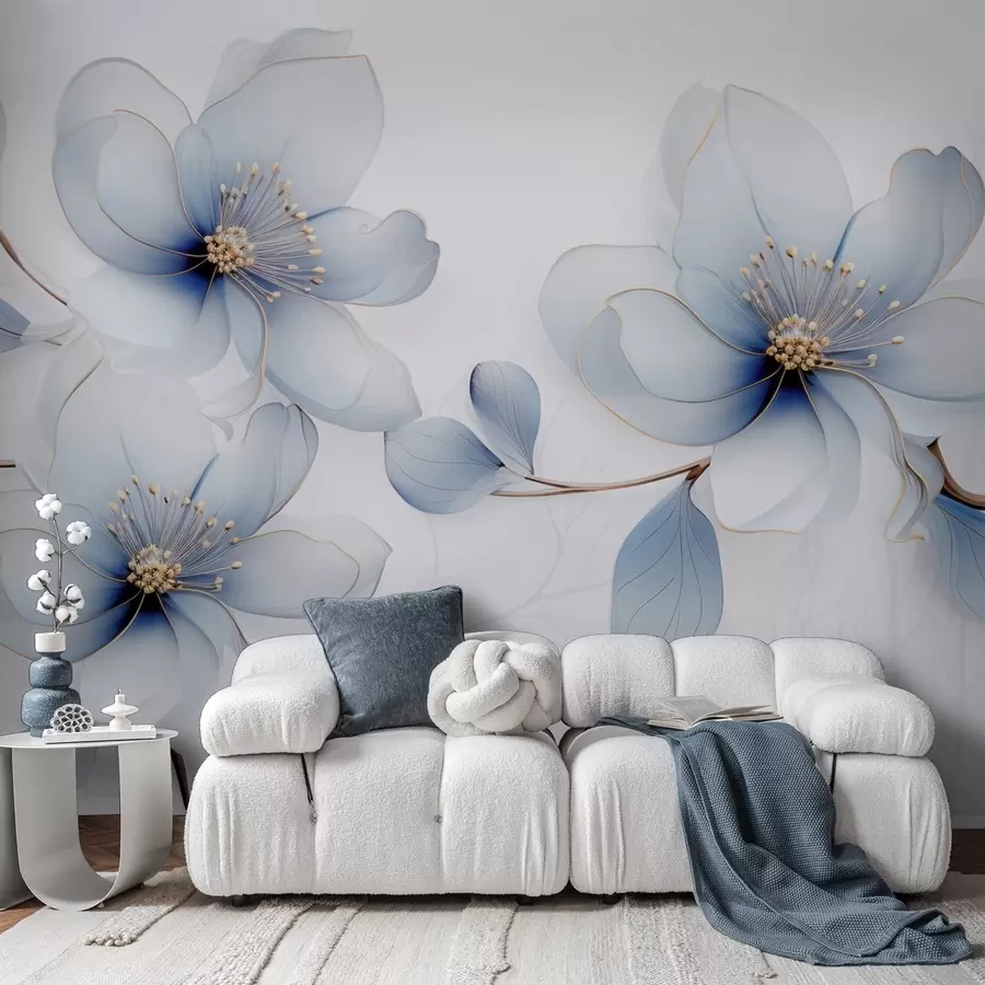 murales de pared Elegante composición floral de magnolia en tonos azules. w09520