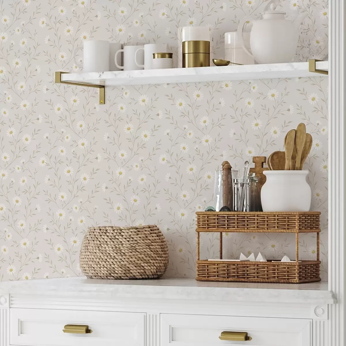 Papel pintado Pequeñas margaritas en ramitas, beige cálido a00777