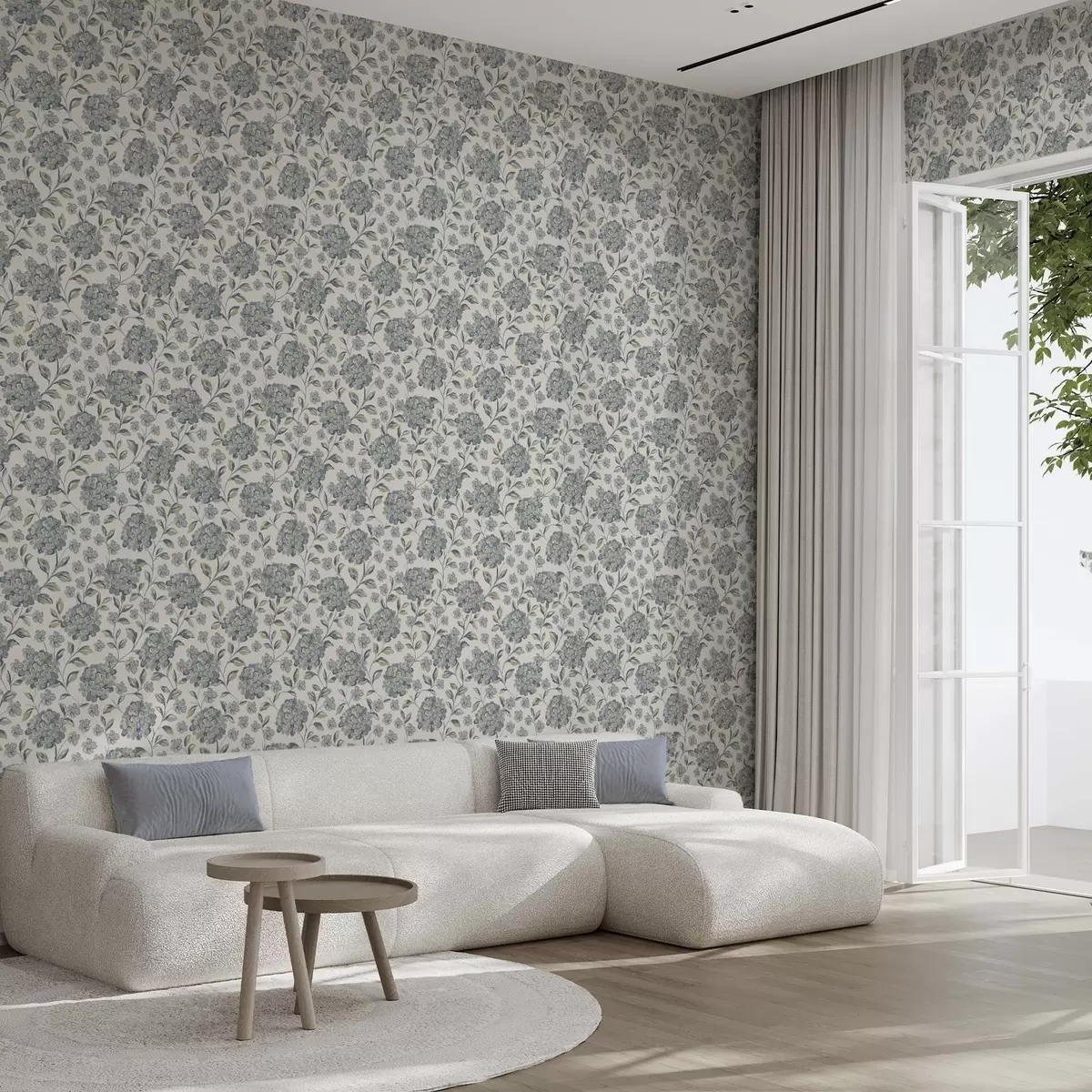 Papel pintado Flores y hojas frondosas en una paleta de colores gris azulados. a00778