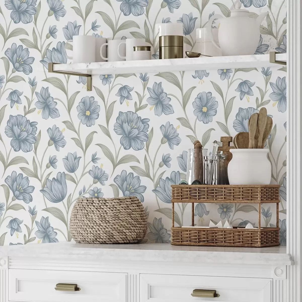 Papel pintado Flores azules polvorientas con hojas de olivo sobre fondo blanco. a00780