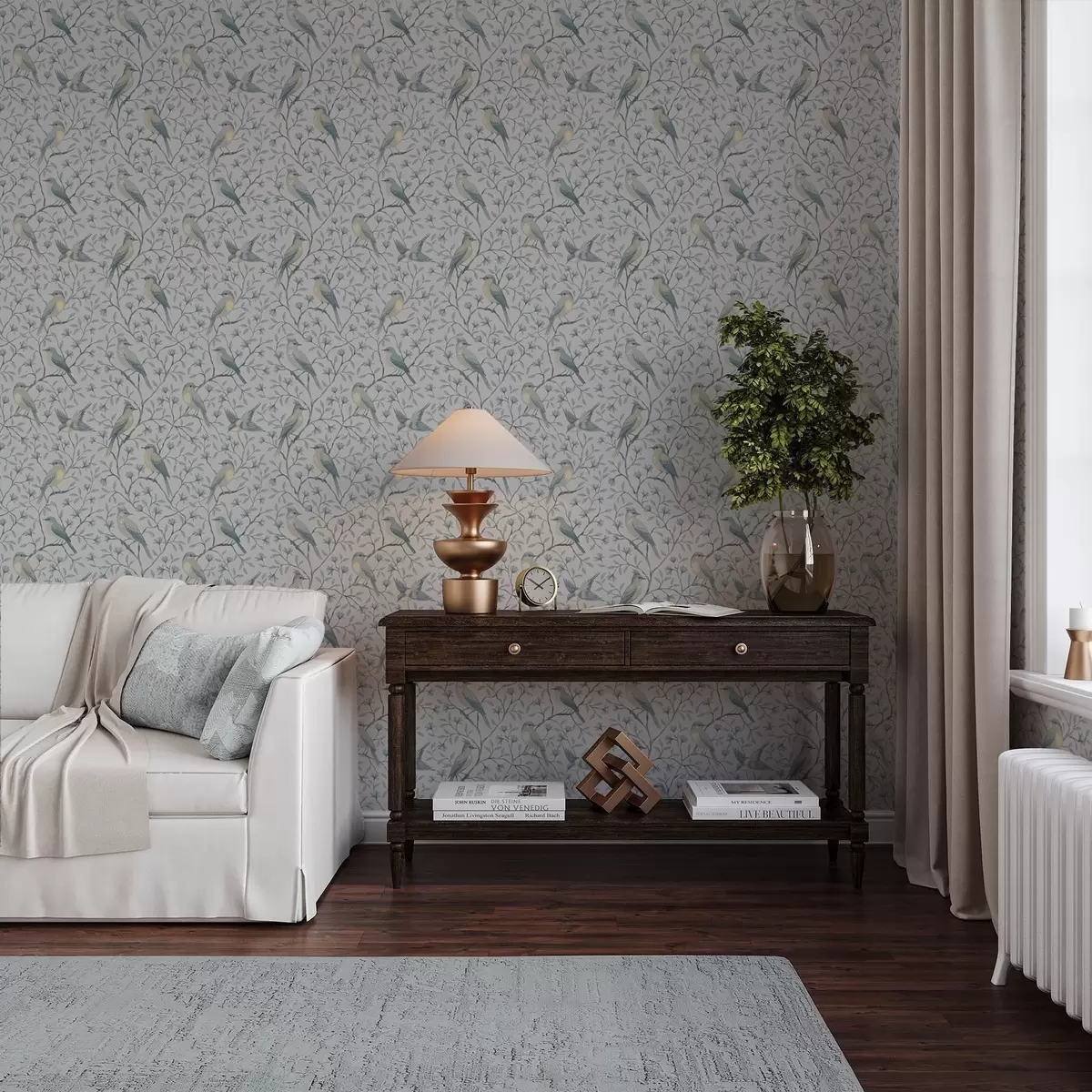 Papel pintado Pájaros en las ramas, esquema gris azulado a00782