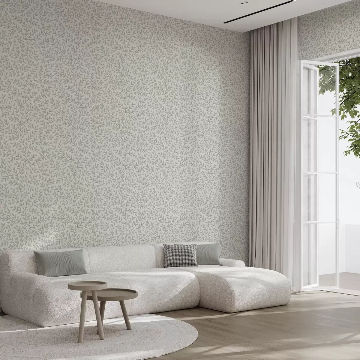 Papel pintado Ramitas con hojas y bayas, crema clara y salvia. a00783