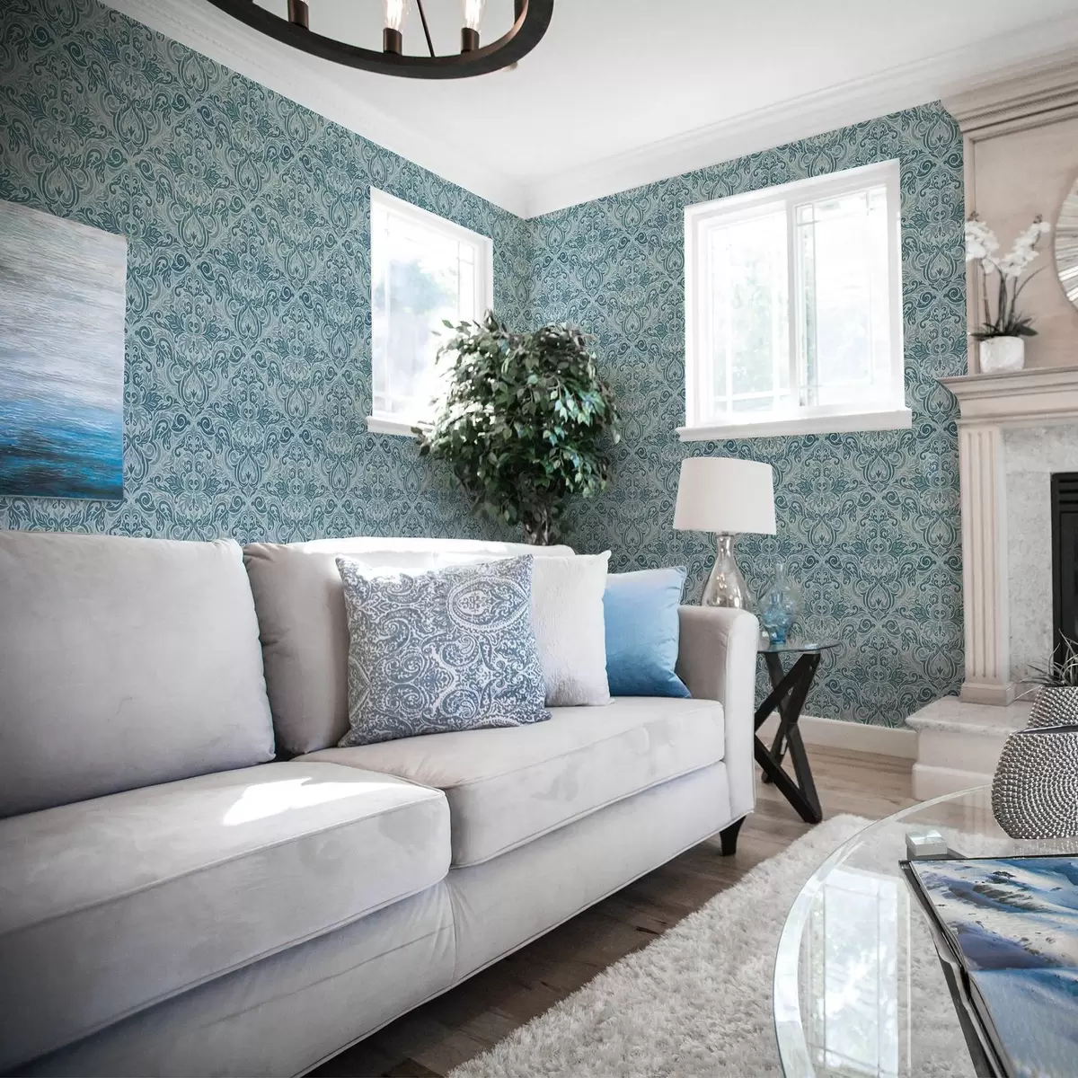 Papel pintado Damasco clásico, azul oscuro sobre azul claro. a00826