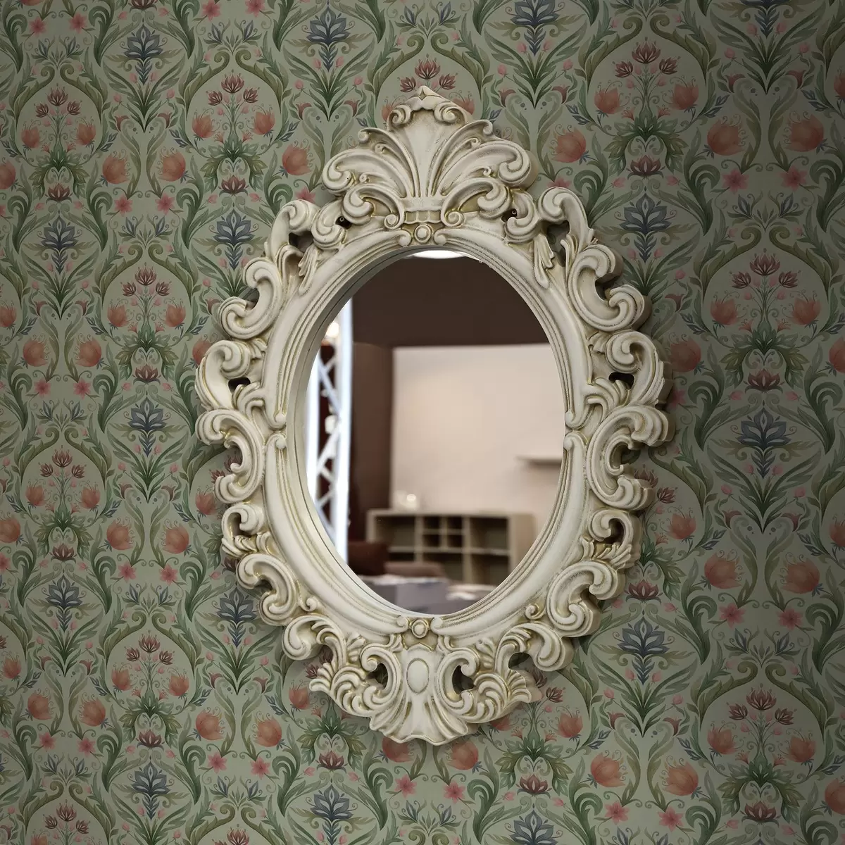 Papel pintado Adorno floral simétrico, paleta de colores menta y crema. a00827v1