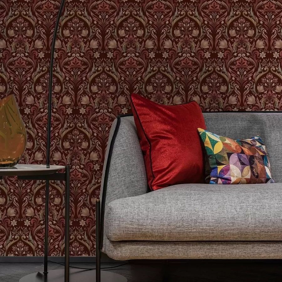 murales de pared Adorno de tulipán, fondo burdeos intenso a00827v2