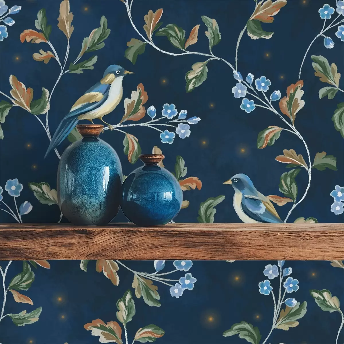 Papel pintado Tetas en ramas, fondo azul nocturno con chispas a00858