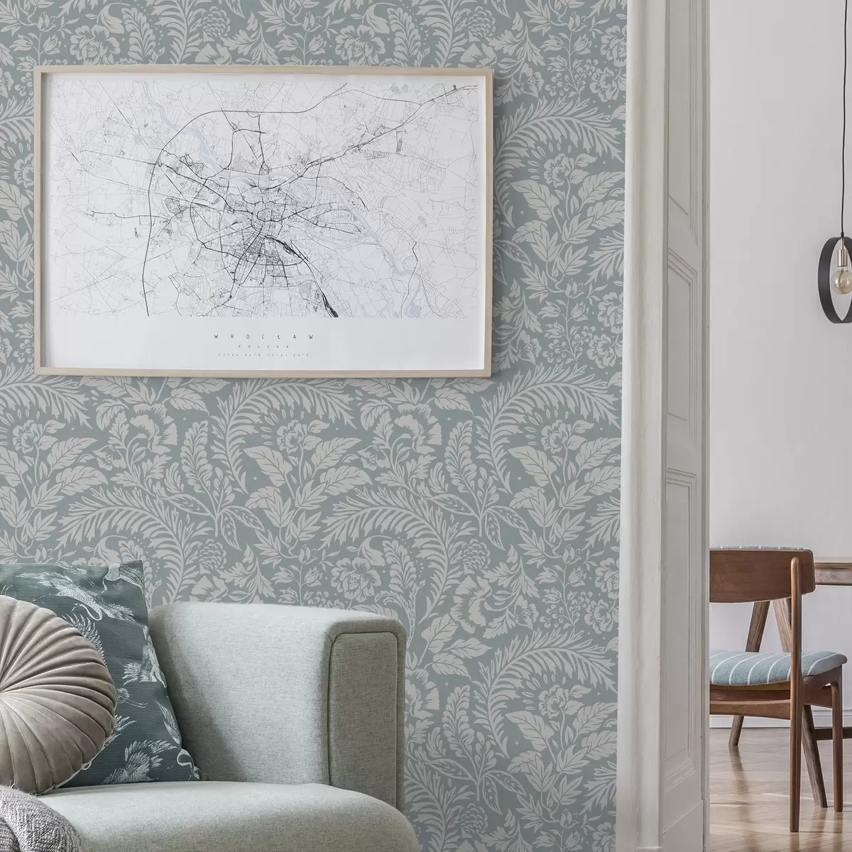 Papel pintado Estampado floral monocromo sobre fondo gris azulado a00859