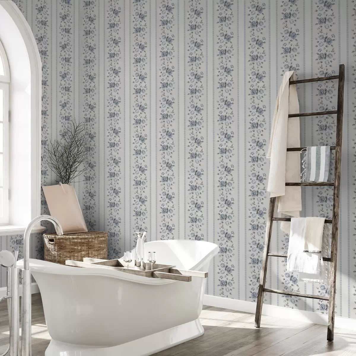 Papel pintado Rosas azules en bandas verticales sobre fondo claro. a00860