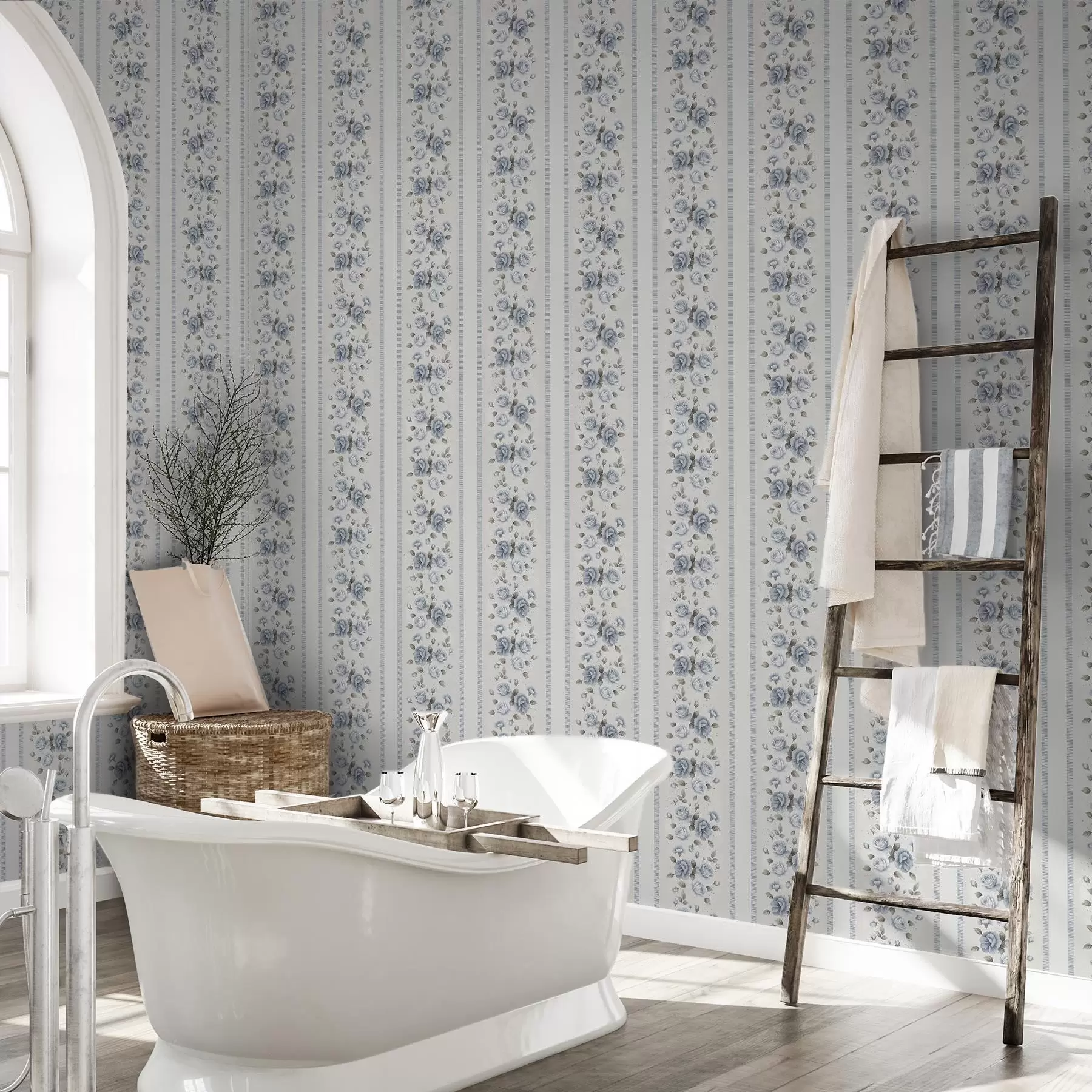 murales de pared Rosas azules en bandas verticales sobre fondo claro a00860