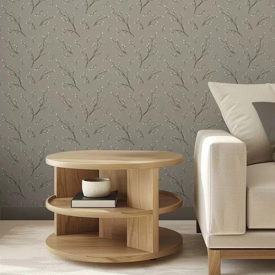 murales de pared Ramitas con brotes blancos sobre fondo gris topo lino a00861