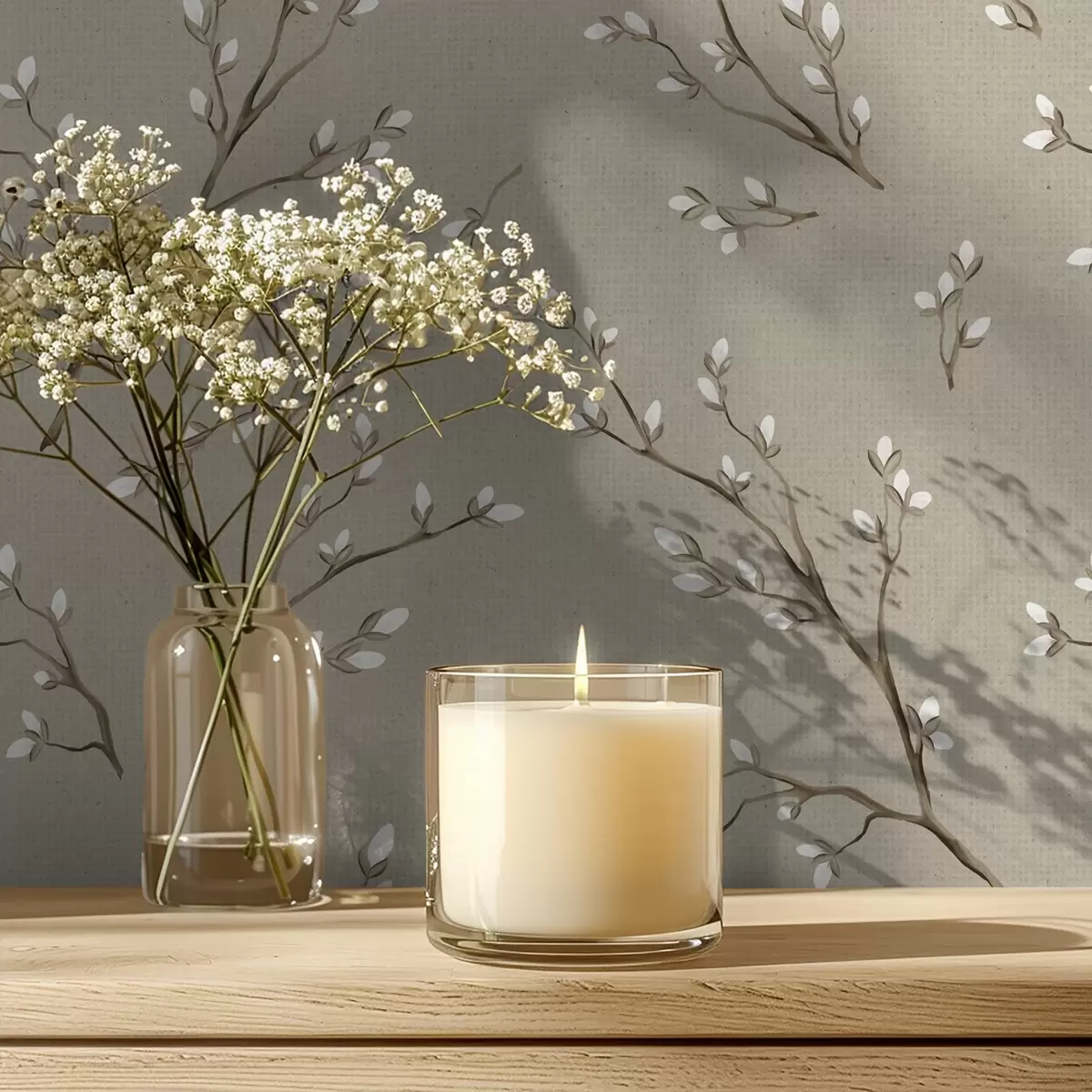 Papel pintado Ramitas con brotes blancos sobre fondo gris topo lino a00861