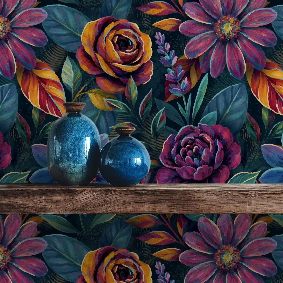 Papel pintado Vibrantes motivos florales en tonos joya sobre fondo azul marino intenso. a00871