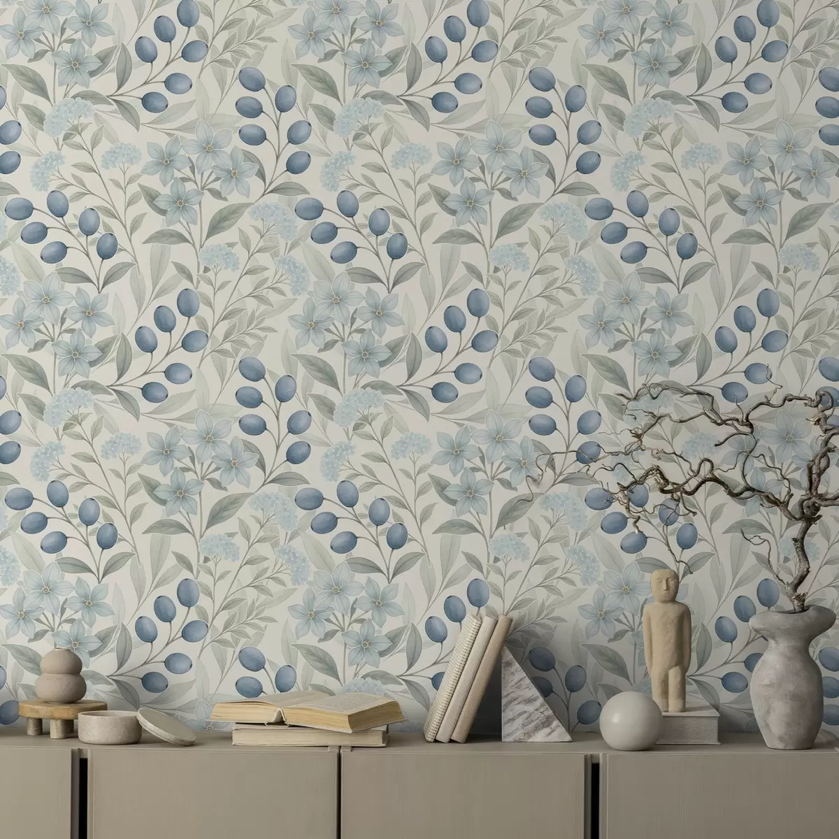 Papel pintado Arándanos azules y flores claras sobre marfil a00872