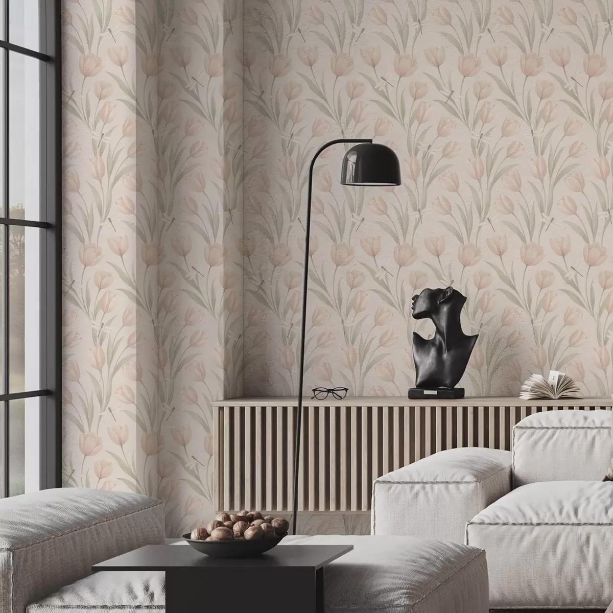 Papel pintado Tulipanes pastel con libélulas sobre fondo rosa pálido a00876