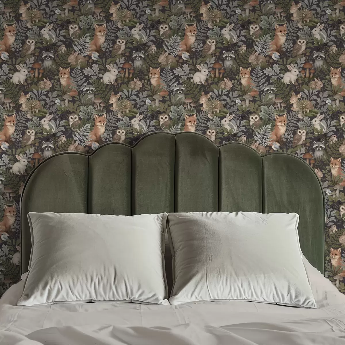 Papel pintado Animales del bosque y helechos sobre carbón oscuro a00880