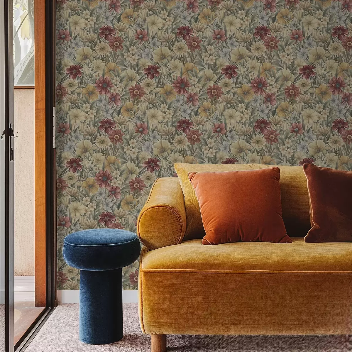 Papel pintado Flores de pradera vintage en cálidos tonos amarillos, rojos y salvia. a00906