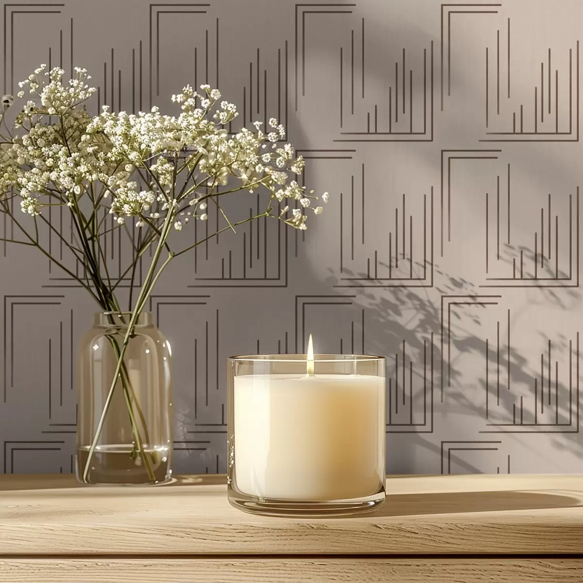 Papel pintado Cuadrados en las esquinas con líneas de cacao sobre fondo beige cálido. a00910