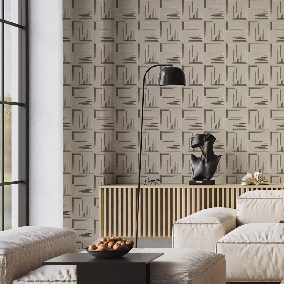 Papel pintado Grandes cuadrados de cacao con rellenos de líneas variadas, arena a00913