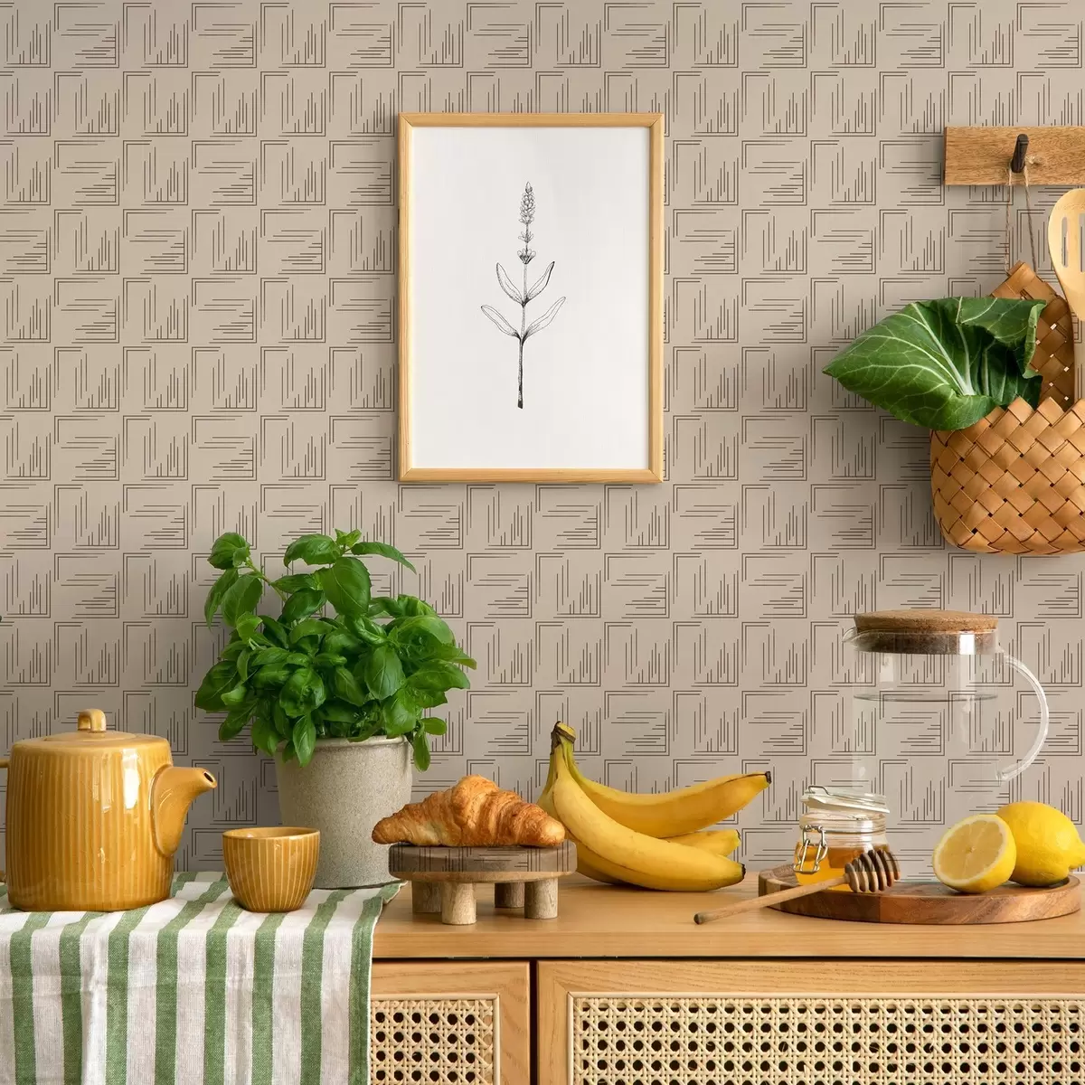 Papel pintado Grandes cuadrados de cacao con rellenos de líneas variadas, arena a00913