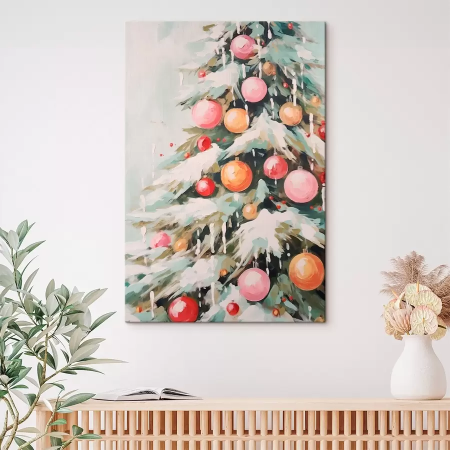 murales de pared Árbol de Navidad con nieve y bolas rosas s46480
