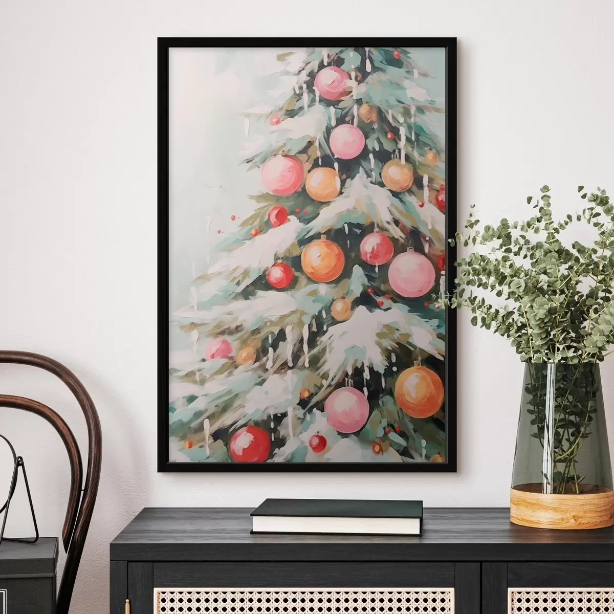 Poster Árbol de Navidad con nieve y bolas rosas f46480
