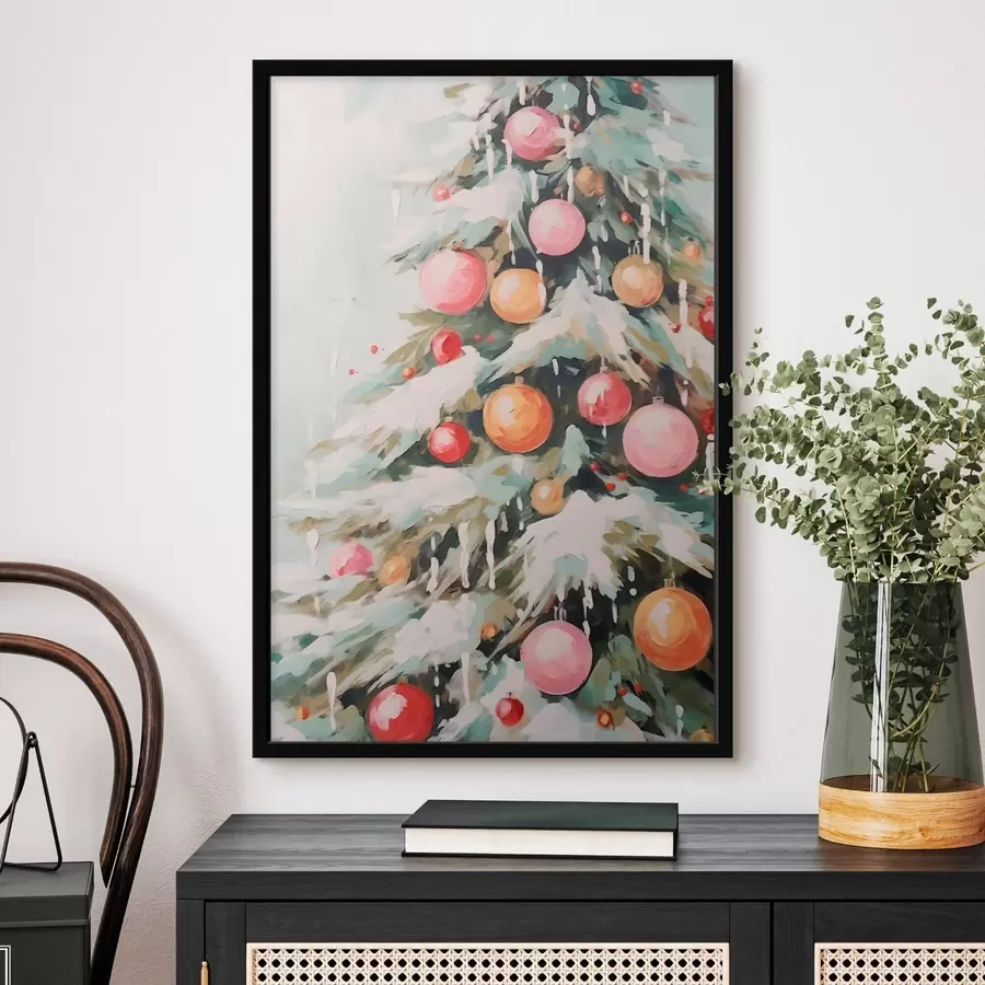 murales de pared Árbol de Navidad con nieve y bolas rosas f46480