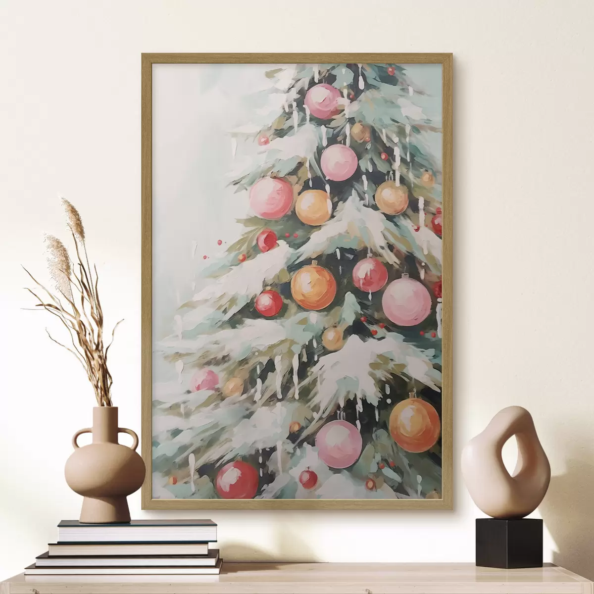 Poster Árbol de Navidad con nieve y bolas rosas f46480