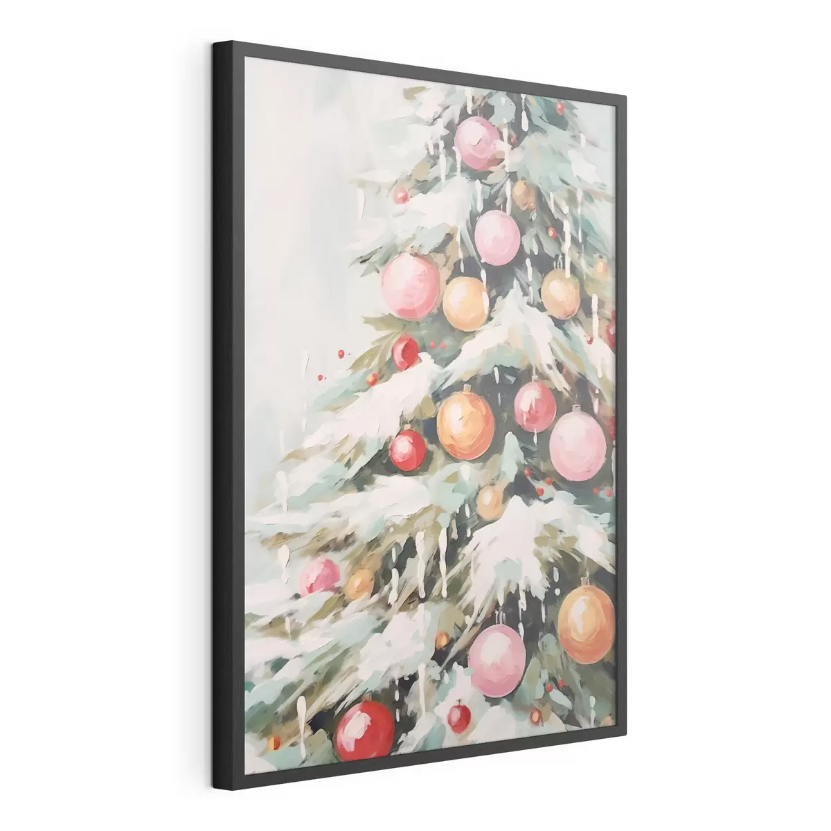 Poster Árbol de Navidad con nieve y bolas rosas f46480
