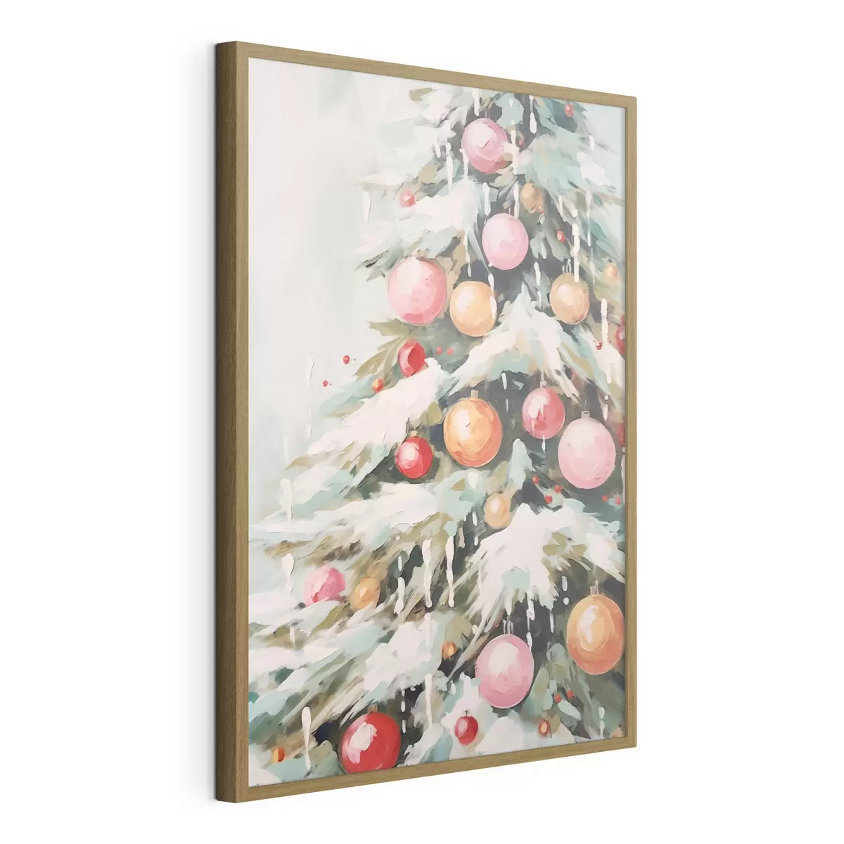 Poster Árbol de Navidad con nieve y bolas rosas f46480