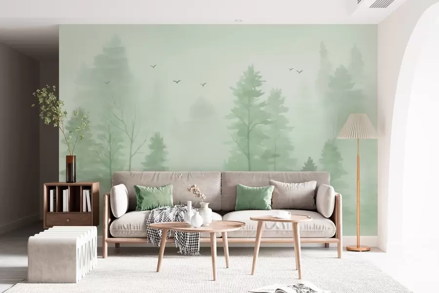 murales de pared Bosque aéreo en tonos verdes, estilo acuarela w04872v1