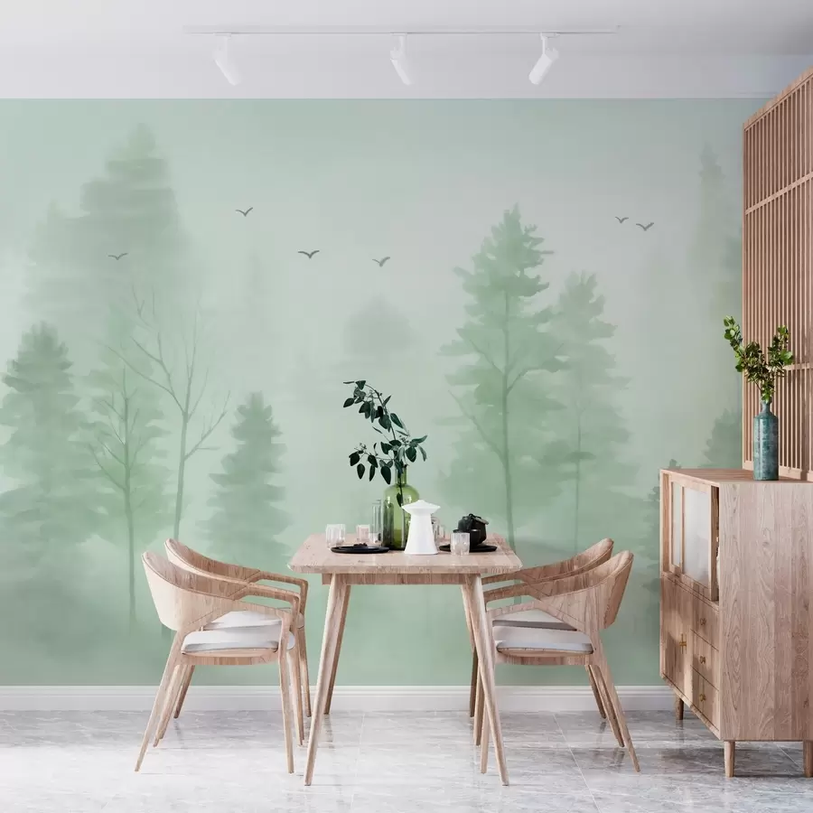murales de pared Bosque aéreo en tonos verdes, estilo acuarela. w04872v1