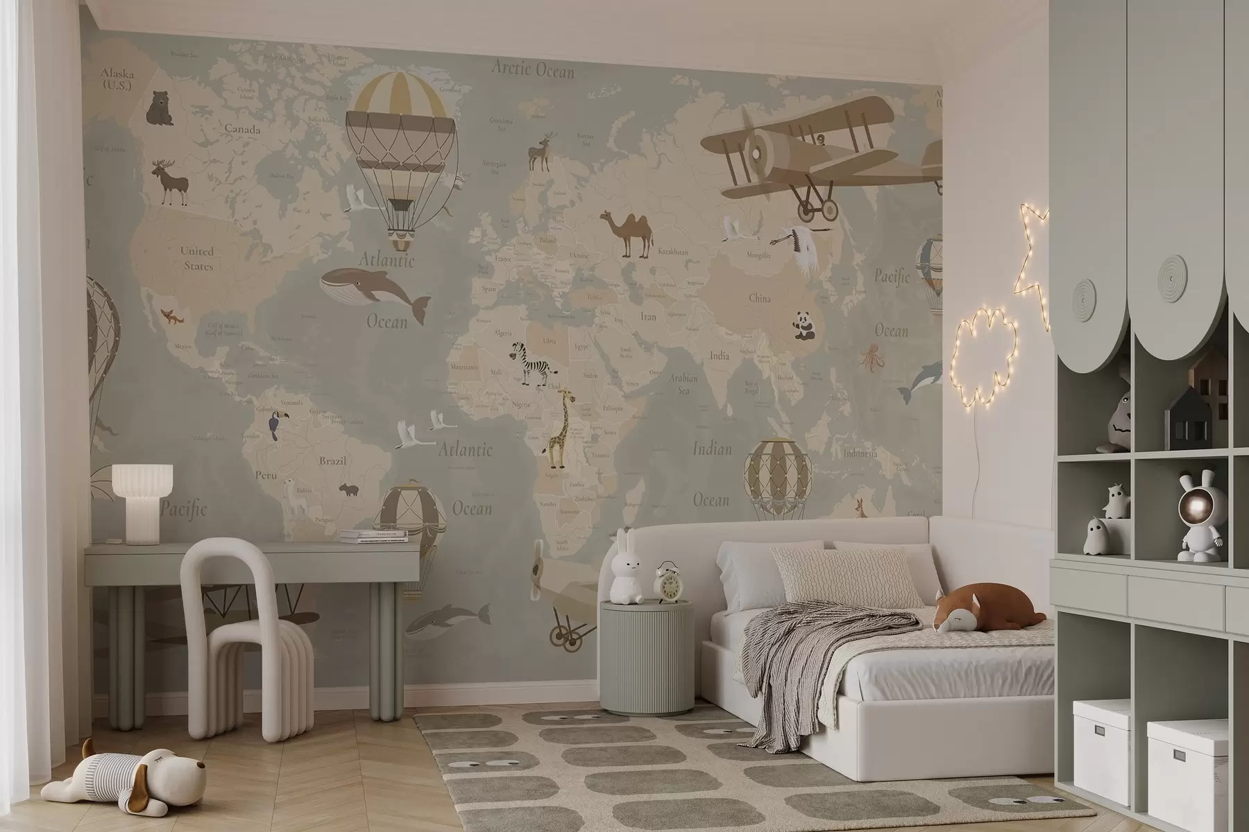murales de pared Mapa del mundo para niños con animales, aviones y globos aerostáticos. En inglés. Color beige. c00003en