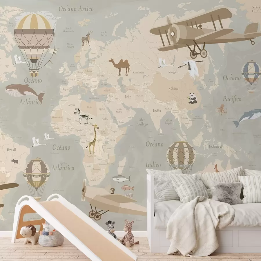 murales de pared Mapa mundial infantil con animales, aviones y globos aerostáticos. En español. Color beige. c00003es
