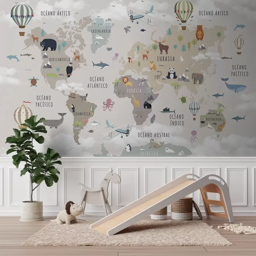 murales de pared Mapa mundial infantil con animales y globos aerostáticos. Idioma español. c00002es