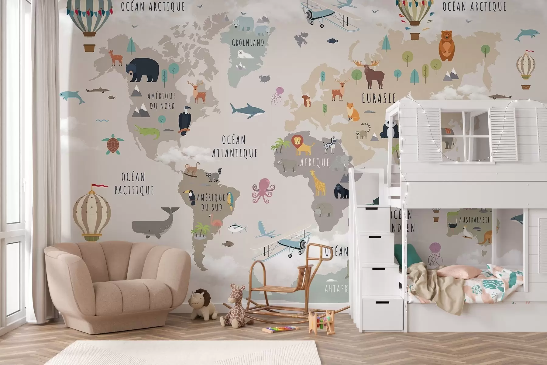 murales de pared Mapa del mundo para niños con animales y globos aerostáticos. Idioma francés. c00002fr