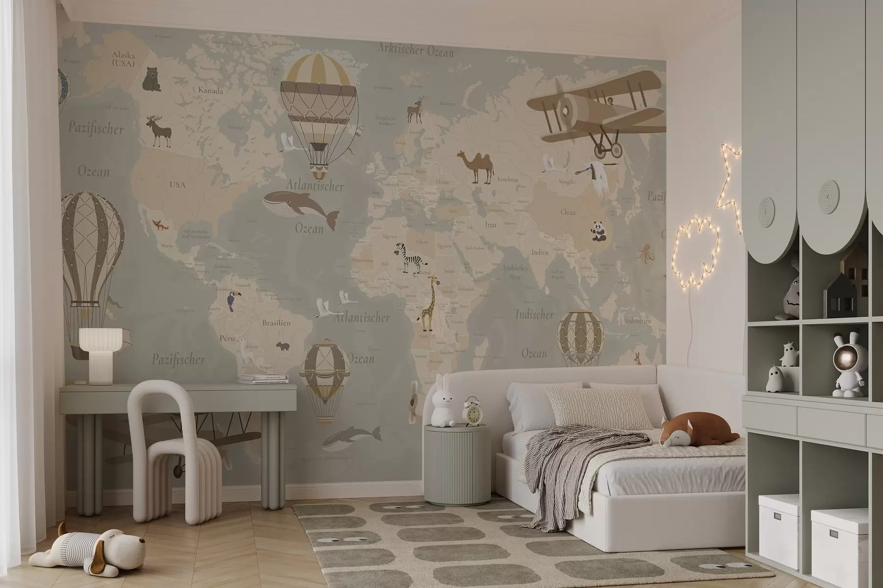 murales de pared Mapa del mundo para niños con animales, aviones y globos aerostáticos. En alemán. Color beige. c00003de