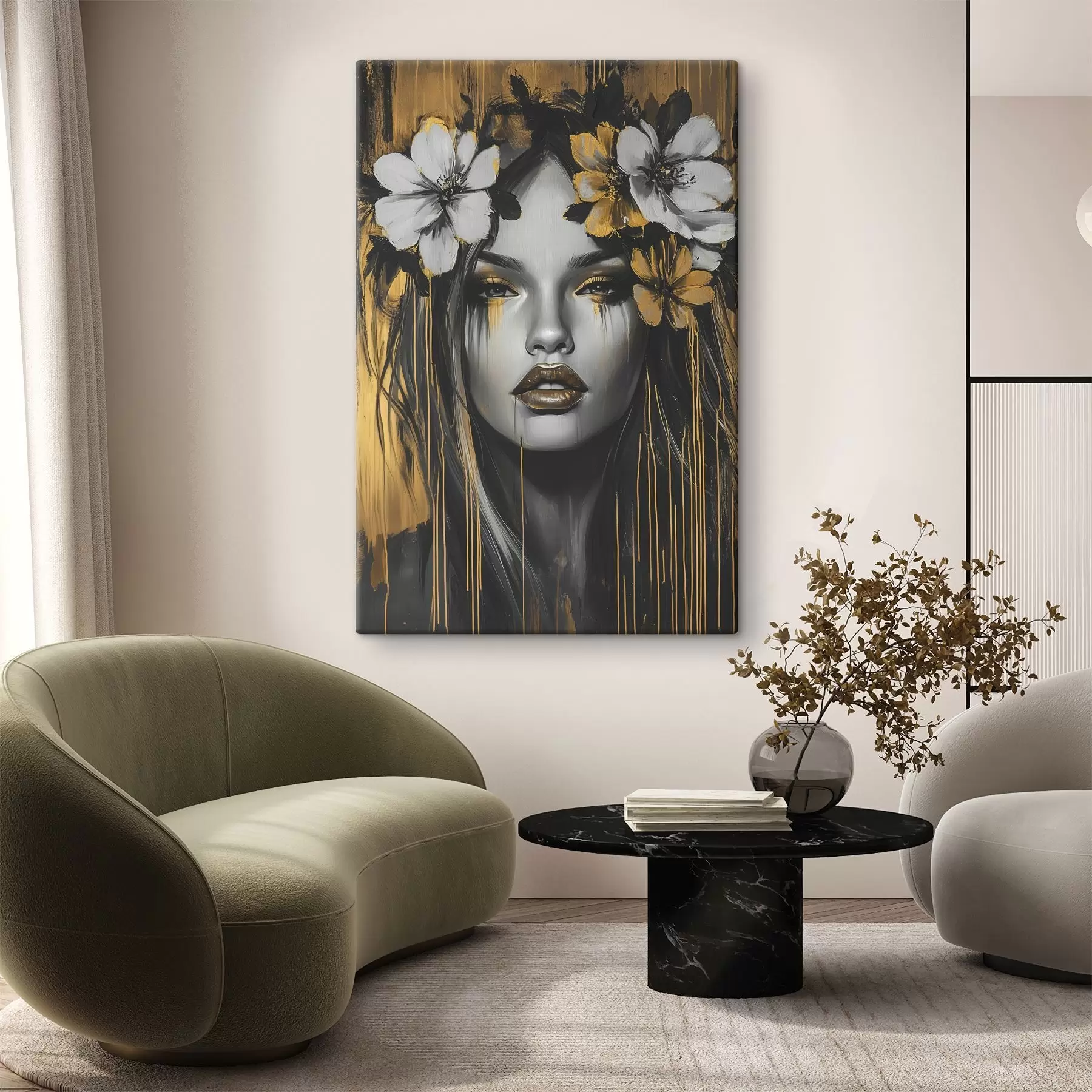 murales de pared Retrato abstracto de una mujer con flores s46454