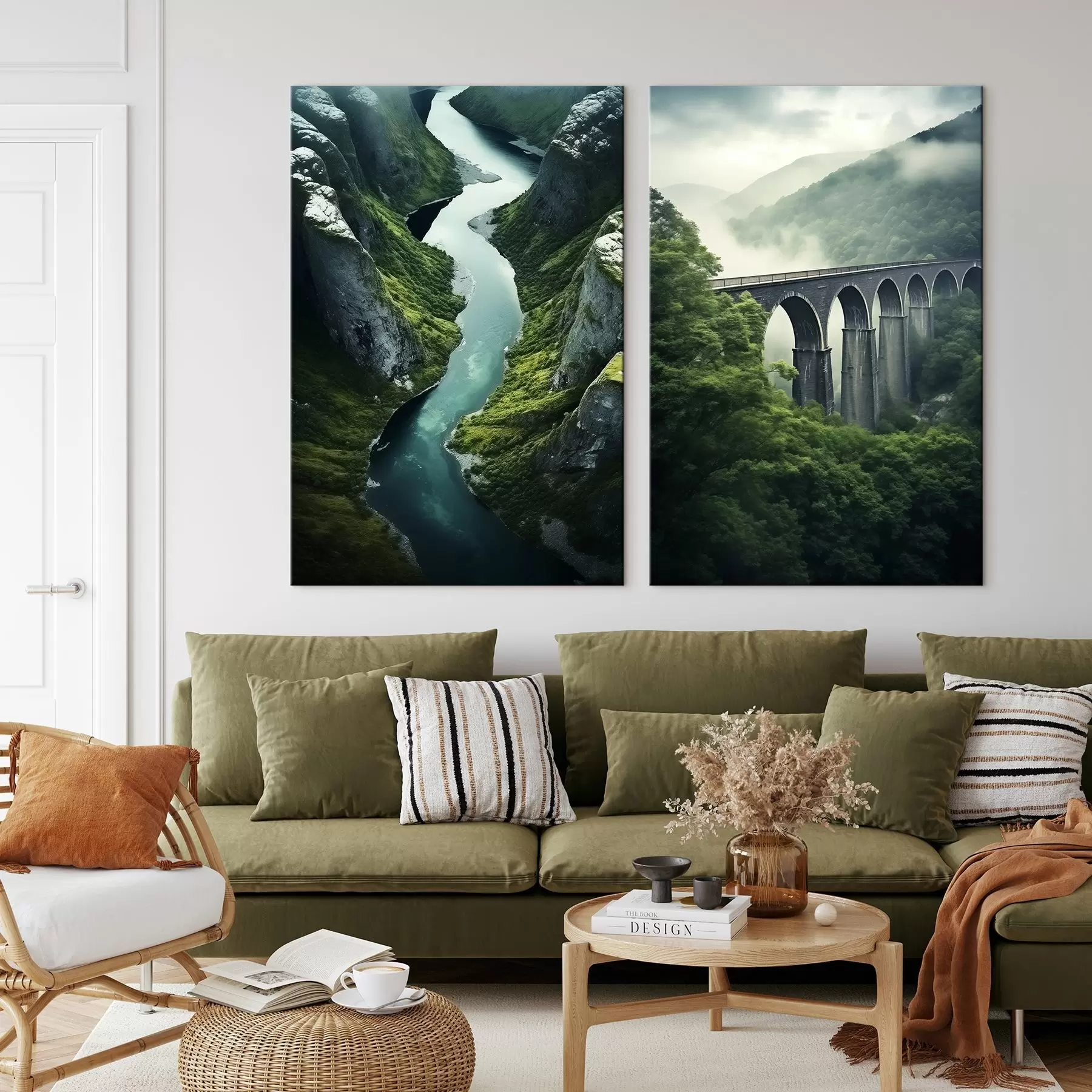 murales de pared Cañón fluvial aéreo y viaducto brumoso entre verdes colinas m00967