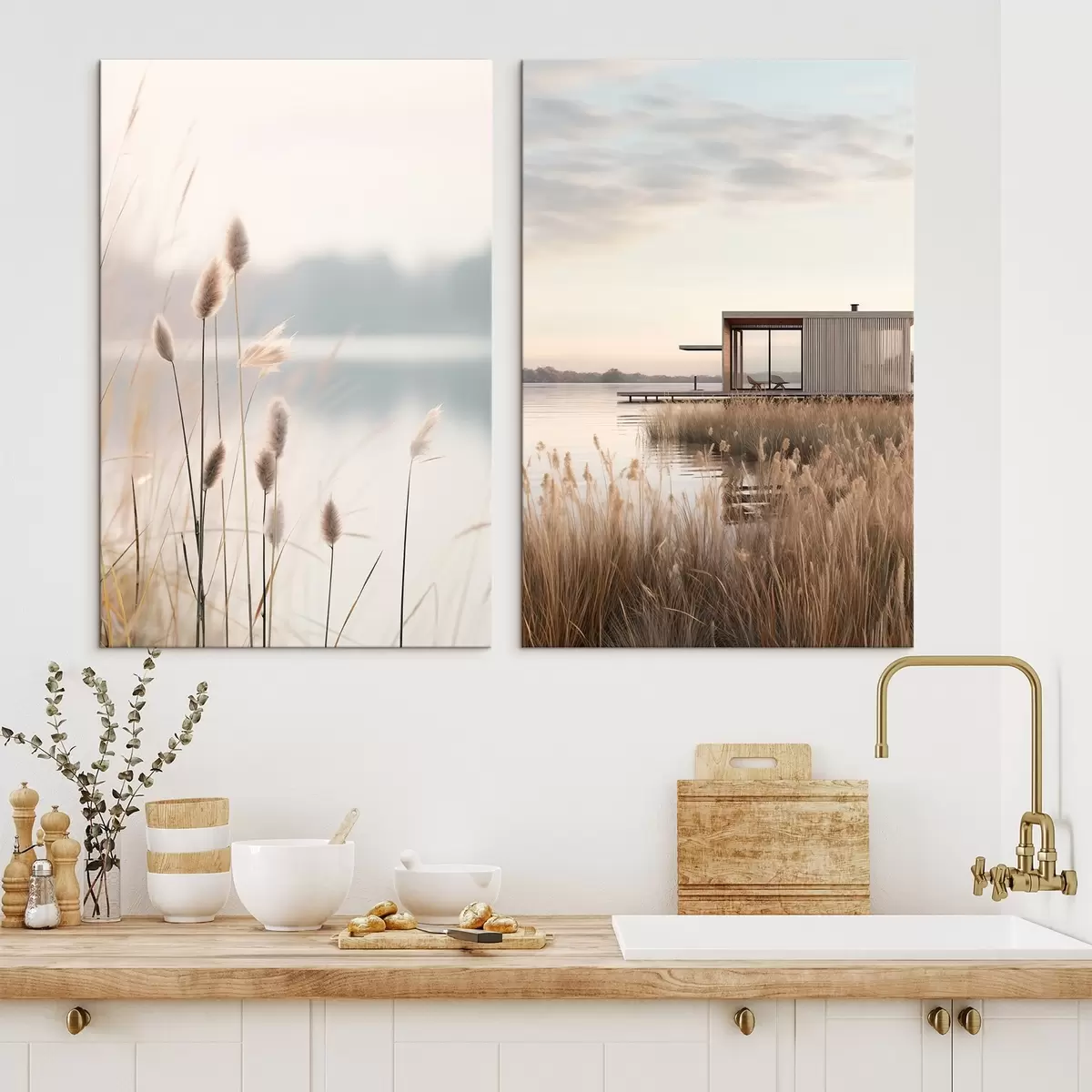 murales de pared Cañas suaves junto a un lago tranquilo y una cabaña moderna en la orilla. m00970